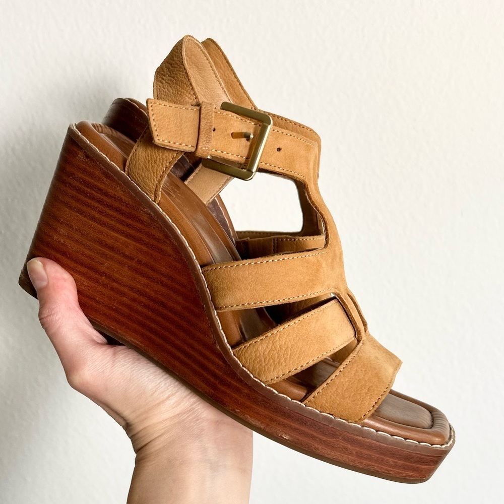 Crown Vintage 100% Genuine Leather Suede Tan Capsule Boho Platform Wedges Size 6